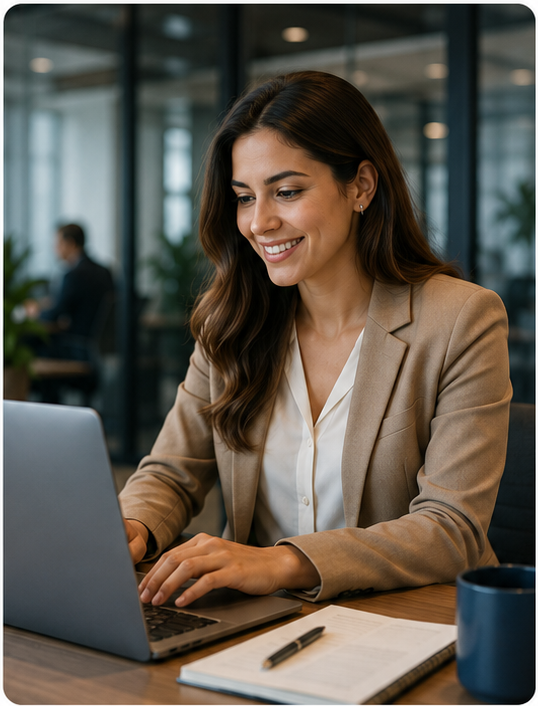 Vendedora B2B trabajando en una propuesta comercial en un ambiente corporativo